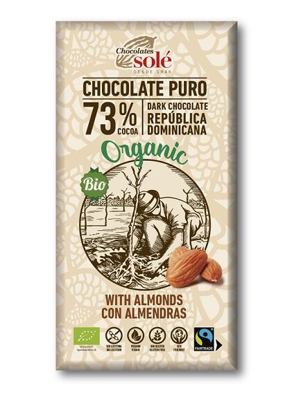 TABLETA CHOCOLATE NEGRO 73% C/ALMENDRAS 150 GR - SIN GLUTEN (BARCELONA) ECO - SOL