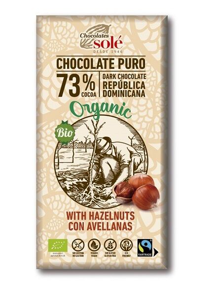 TABLETA CHOCOLATE NEGRO 73% C/AVELLANAS 150 GR - SIN GLUTEN (BARCELONA) ECO - SOL