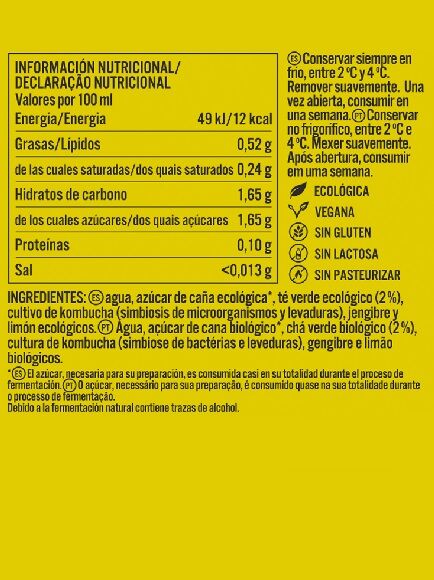 KOMBUCHA GINGERVIDA SABOR JENGIBRE Y LIMÓN 250 ML 1 UD - CRISTAL (BADAJOZ) KOMVIDA - ECO