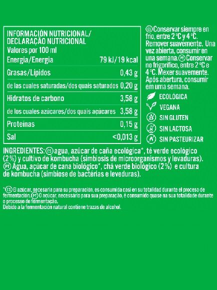 KOMBUCHA GREENVIDA SABOR TÉ VERDE 250 ML 1 UD - CRISTAL (BADAJOZ) KOMVIDA - ECO