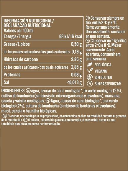 KOMBUCHA SABOR MANZANA, CANELA Y VAINILLA 250 ML 1 UD - CRISTAL (BADAJOZ) KOMVIDA - ECO