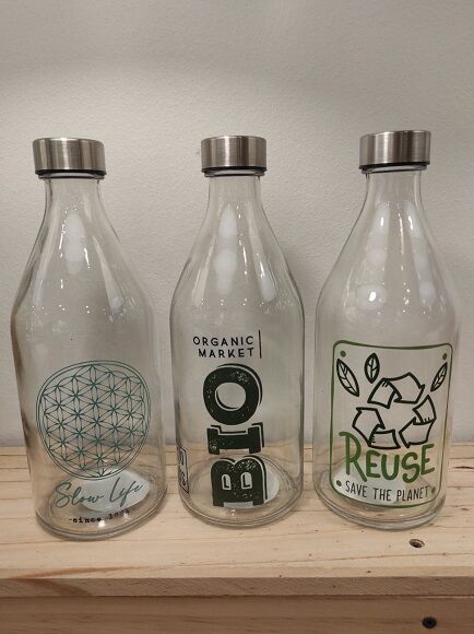 BOTELLA CRISTAL + TAPA ACERO Y PVC 1 L "REUSE SAVE THE PLANET" 1 UD (CHINA)