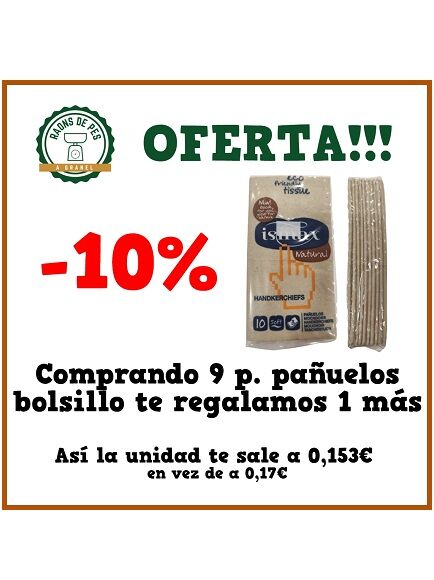PAÑUELOS DE BOLSILLO PAPEL RECICLADO Y SIN BLANQUEANTES PACK 10 UD (ESPAÑA) ISMAX - ECO