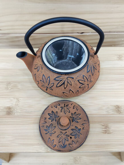 TETERA DE HIERRO FUNDIDO CON COLADOR COLOR TEJA CON HOJAS 600 ML 1 UD (JAPÓN)